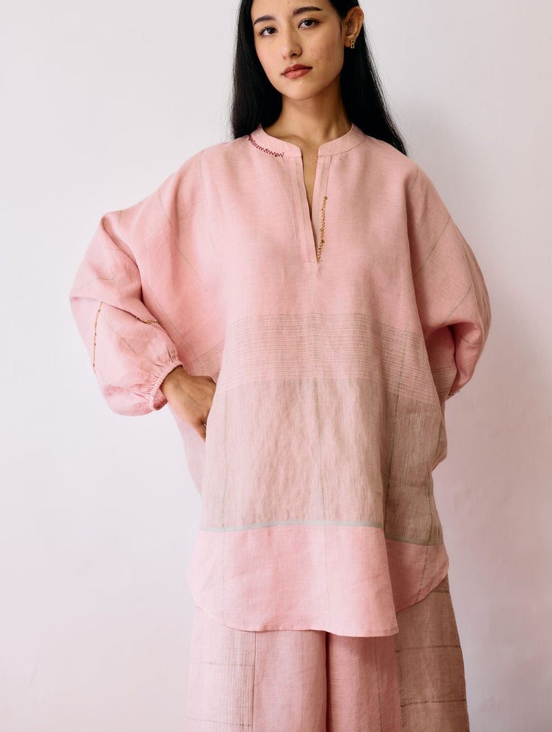 Raza Metallic Linen Top-Pink linen top/shirt by Manan in pink for women in Singapore