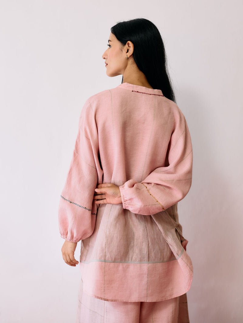Raza Metallic Linen Co-ord-Pink linen co-ord set by Manan in pink for women in Singapore