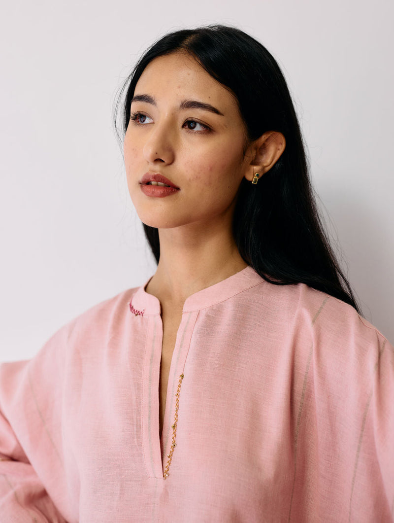 Raza Metallic Linen Top-Pink linen top/shirt by Manan in pink for women in Singapore