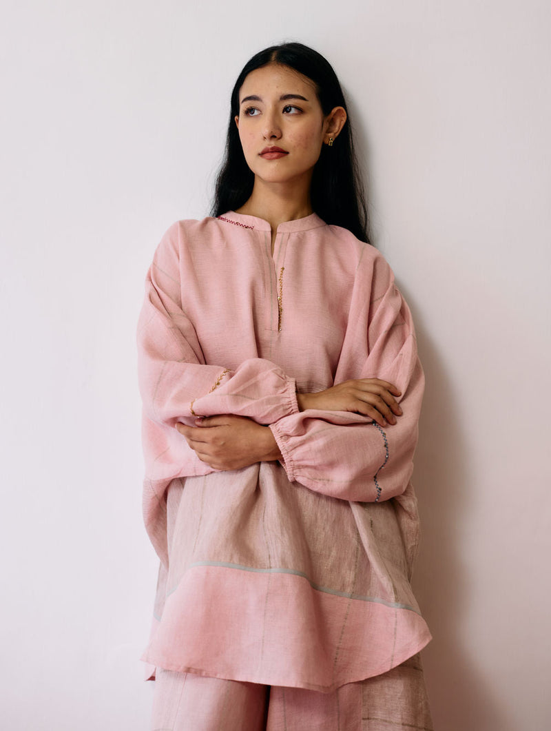 Raza Metallic Linen Co-ord-Pink linen co-ord set by Manan in pink for women in Singapore