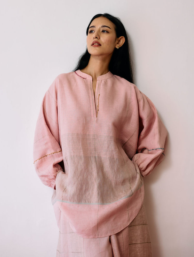 Raza Metallic Linen Co-ord-Pink linen co-ord set by Manan in pink for women in Singapore