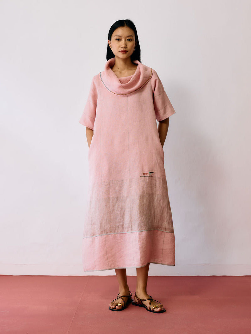 Zaran Cowl Neck Metallic Dress-Pink linen dress by Manan in pink for women in Singapore