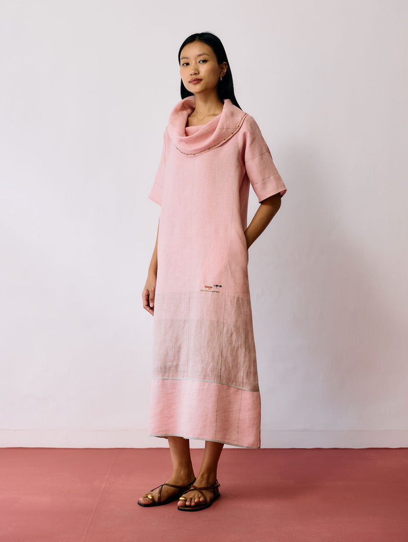 Zaran Cowl Neck Metallic Dress-Pink linen dress by Manan in pink for women in Singapore