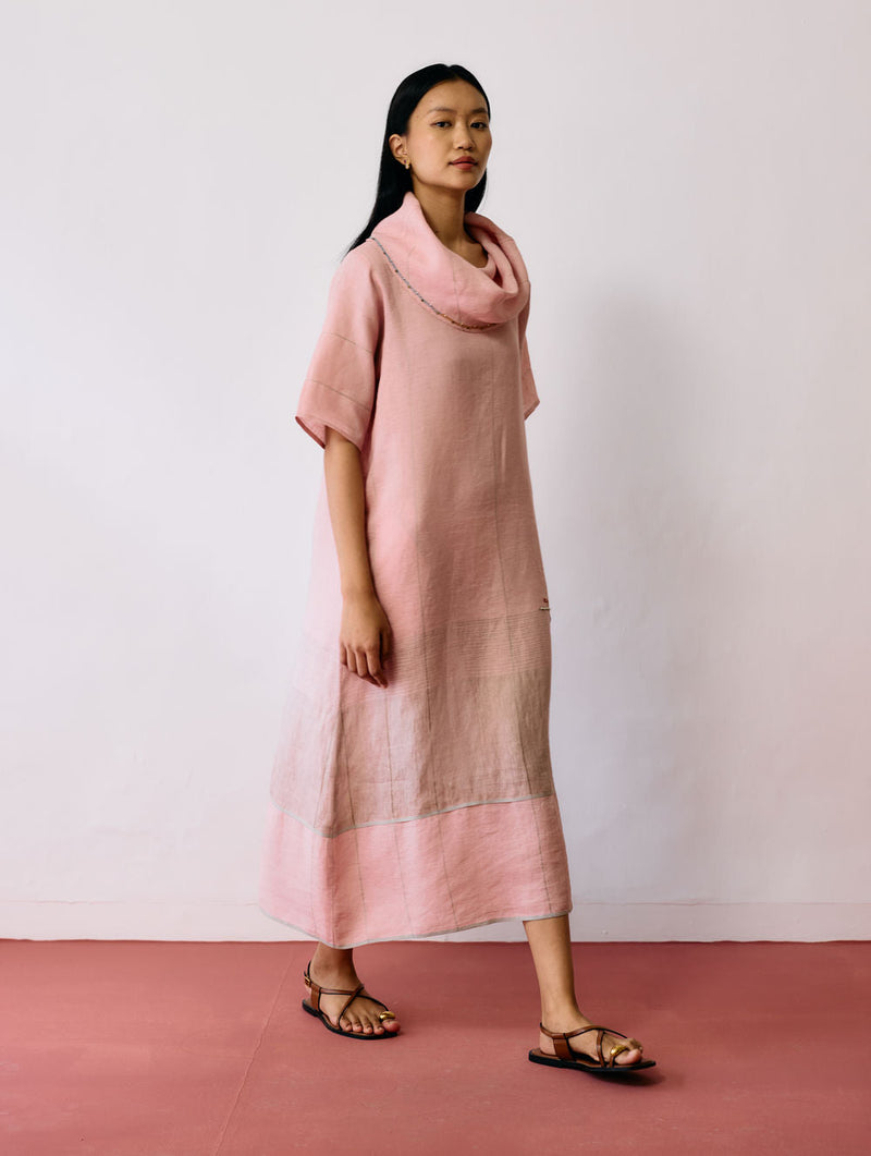 Zaran Cowl Neck Metallic Dress-Pink linen dress by Manan in pink for women in Singapore
