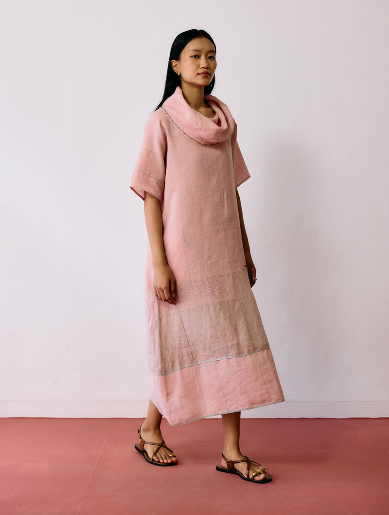 Zaran Cowl Neck Metallic Dress-Pink linen dress by Manan in pink for women in Singapore