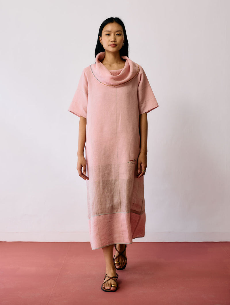 Zaran Cowl Neck Metallic Dress-Pink linen dress by Manan in pink for women in Singapore