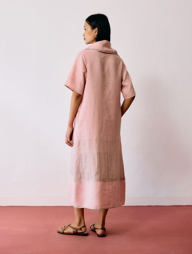 Zaran Cowl Neck Metallic Dress-Pink linen dress by Manan in pink for women in Singapore