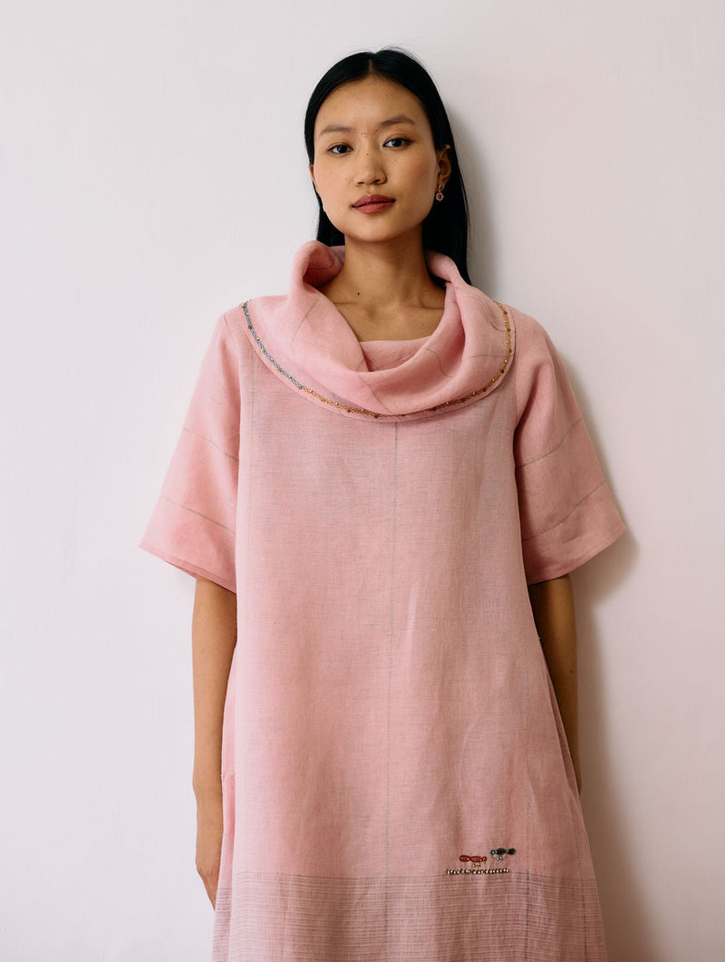 Zaran Cowl Neck Metallic Dress-Pink linen dress by Manan in pink for women in Singapore