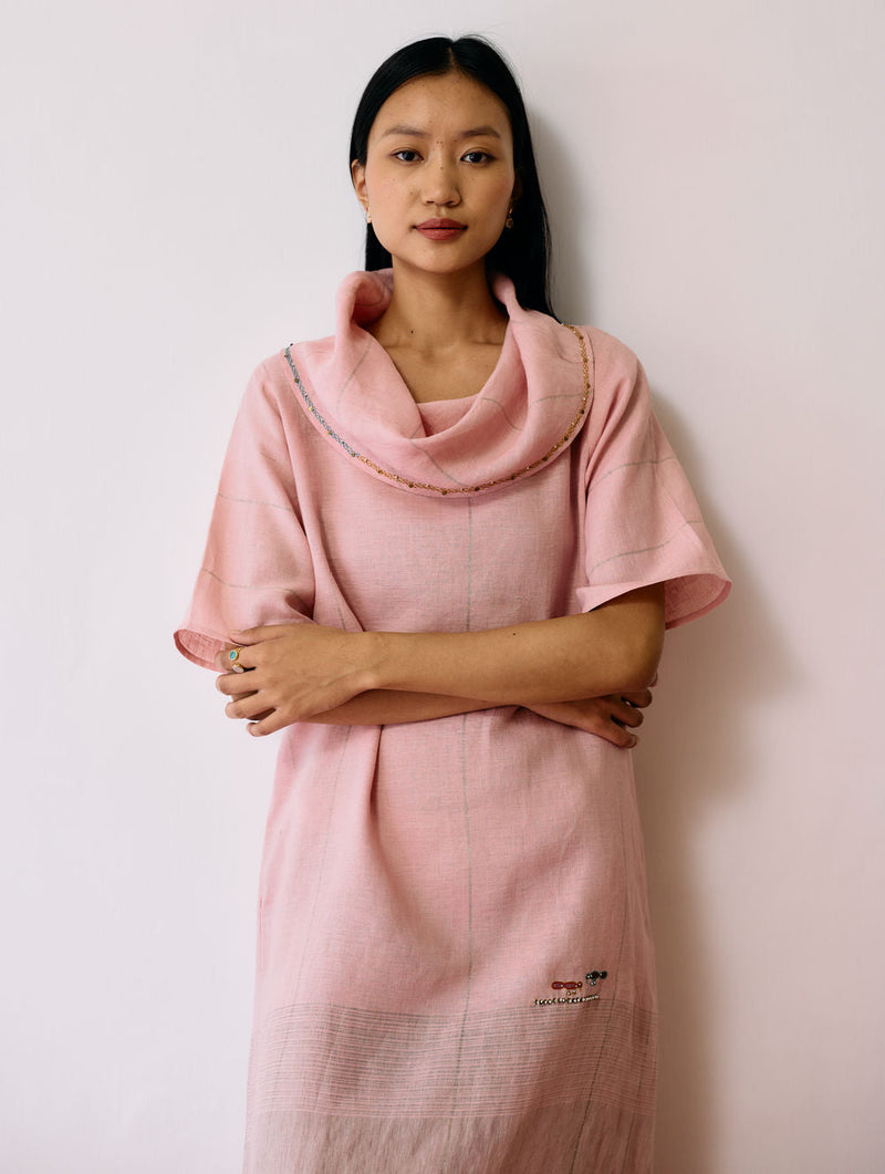 Zaran Cowl Neck Metallic Dress-Pink linen dress by Manan in pink for women in Singapore