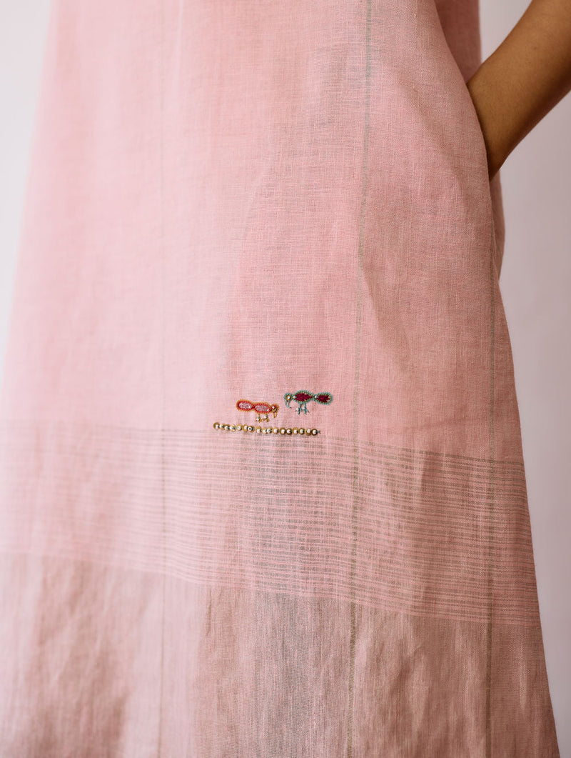 Zaran Cowl Neck Metallic Dress-Pink linen dress by Manan in pink for women in Singapore