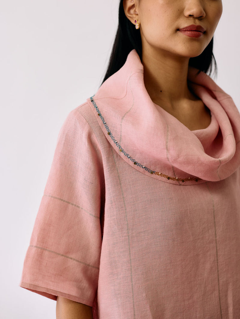 Zaran Cowl Neck Metallic Dress-Pink linen dress by Manan in pink for women in Singapore