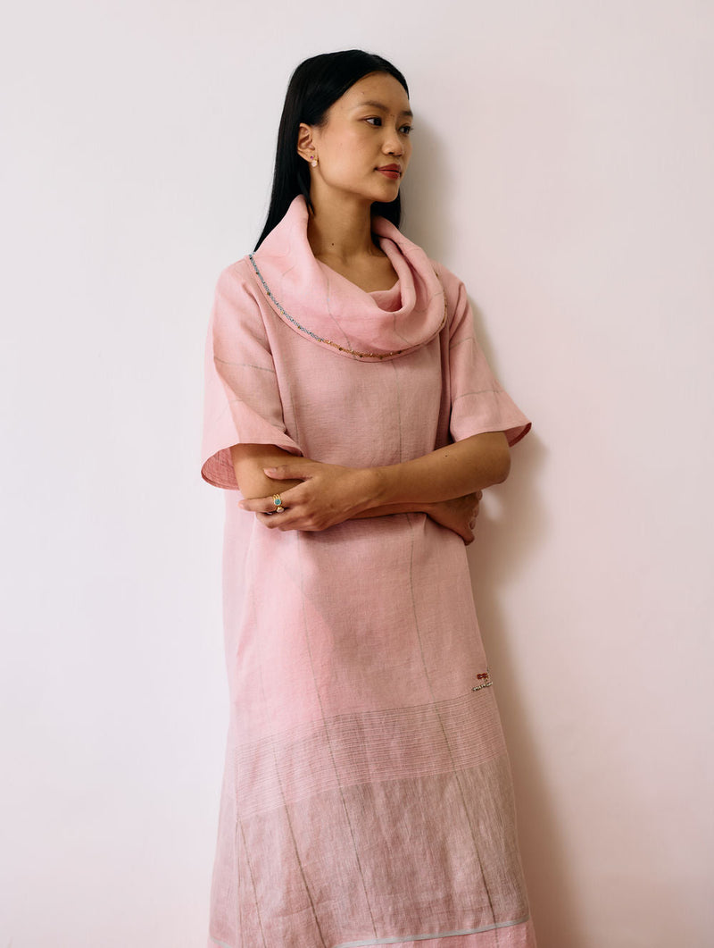 Zaran Cowl Neck Metallic Dress-Pink linen dress by Manan in pink for women in Singapore