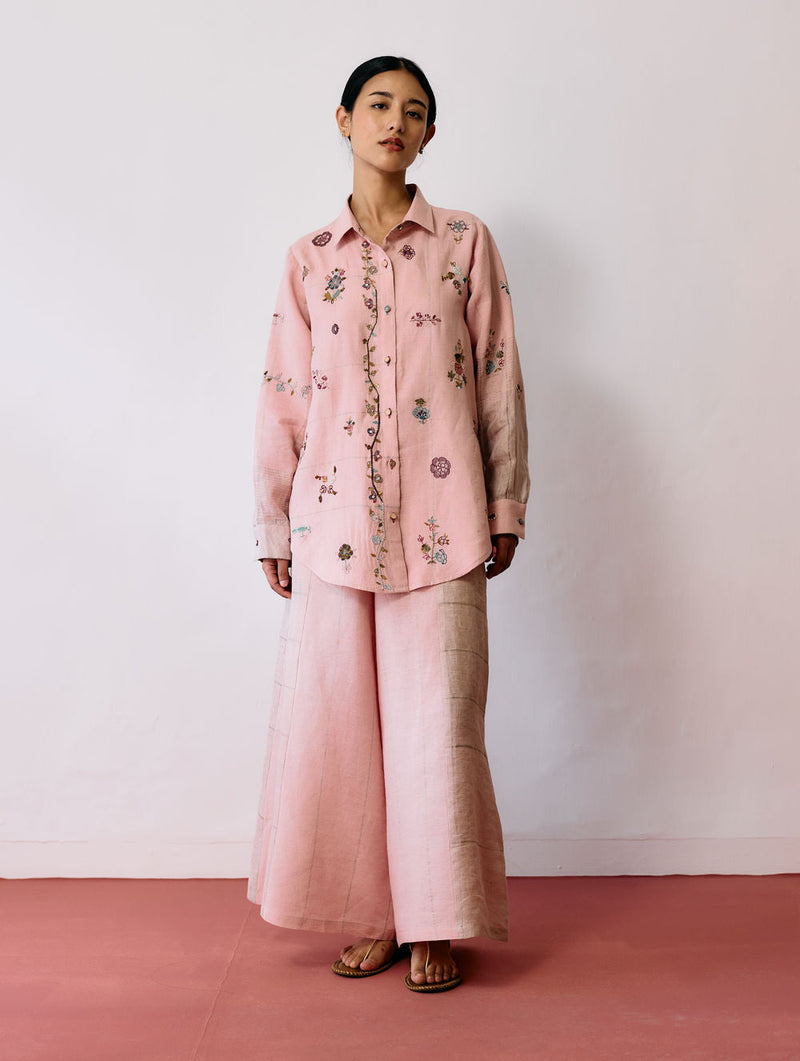 Mansa Floral Hand-Embroidered Co-ord-Pink linen co-ord set by Manan in pink for women in Singapore