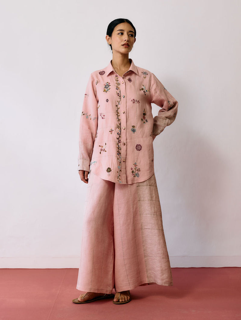 Mansa Floral Hand-Embroidered Co-ord-Pink linen co-ord set by Manan in pink for women in Singapore