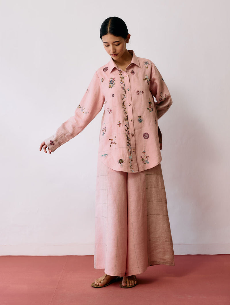 Mansa Floral Hand-Embroidered Co-ord-Pink linen co-ord set by Manan in pink for women in Singapore