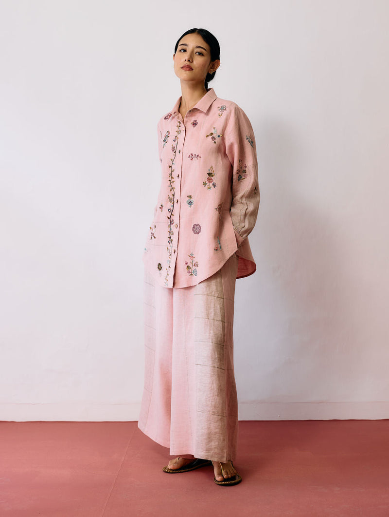 Mansa Floral Hand-Embroidered Co-ord-Pink linen co-ord set by Manan in pink for women in Singapore
