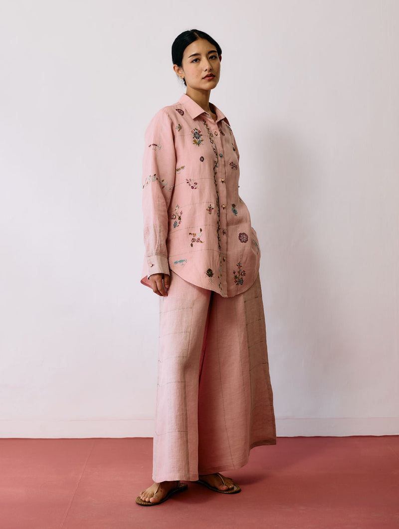 Mansa Floral Hand-Embroidered Co-ord-Pink linen co-ord set by Manan in pink for women in Singapore