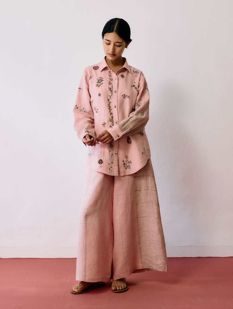 Mansa Floral Hand-Embroidered Co-ord-Pink linen co-ord set by Manan in pink for women in Singapore