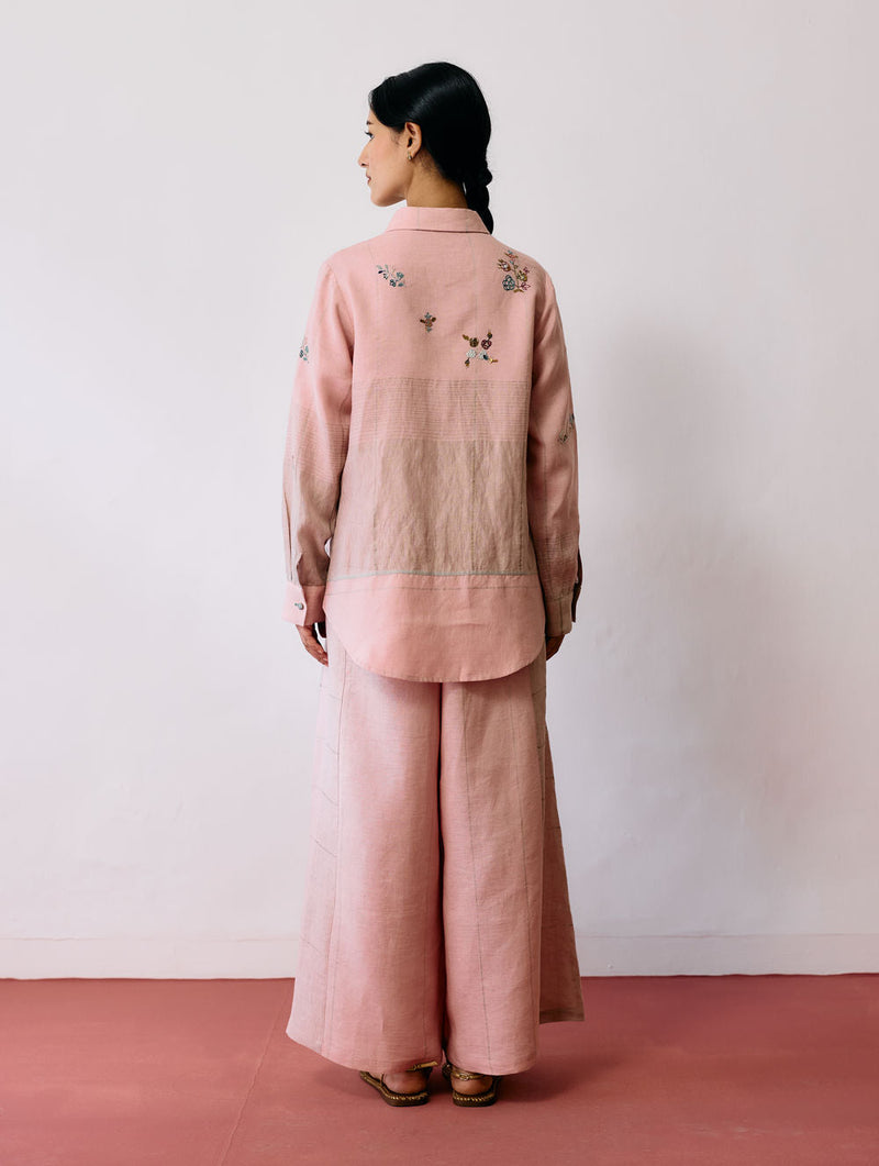Mansa Floral Hand-Embroidered Co-ord-Pink linen co-ord set by Manan in pink for women in Singapore