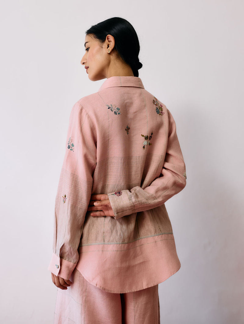 Mansa Floral Hand-Embroidered Shirt-Pink linen top/shirt by Manan in pink for women in Singapore