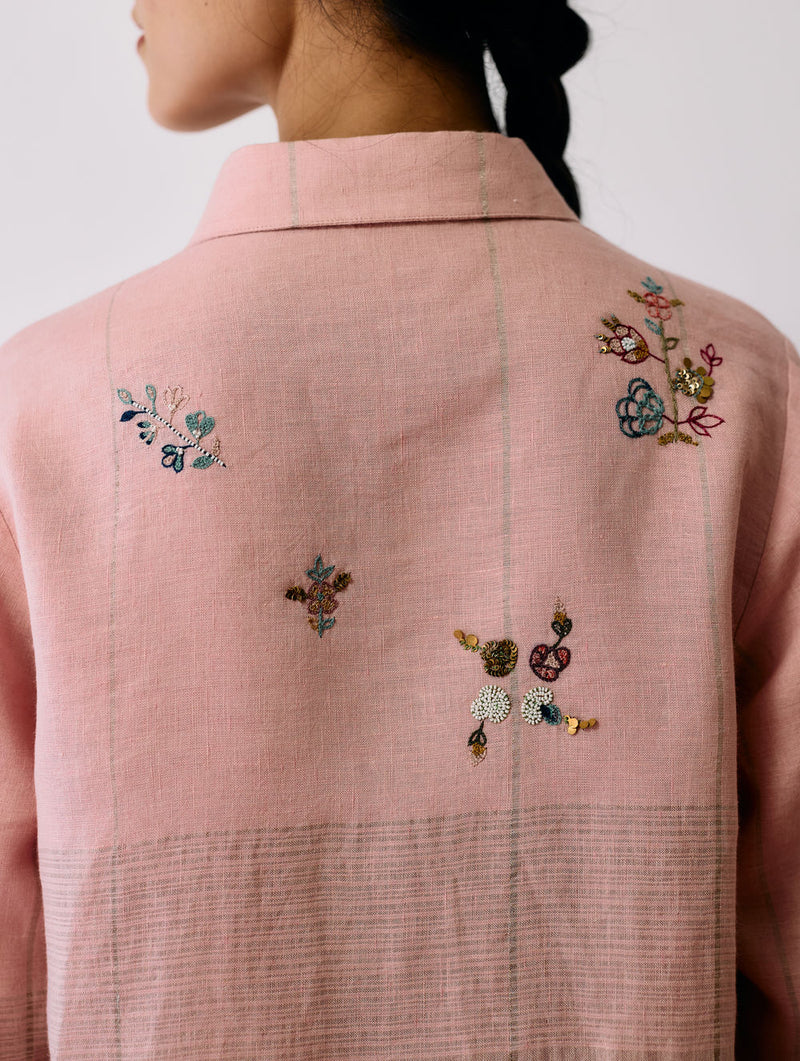 Mansa Floral Hand-Embroidered Co-ord-Pink linen co-ord set by Manan in pink for women in Singapore