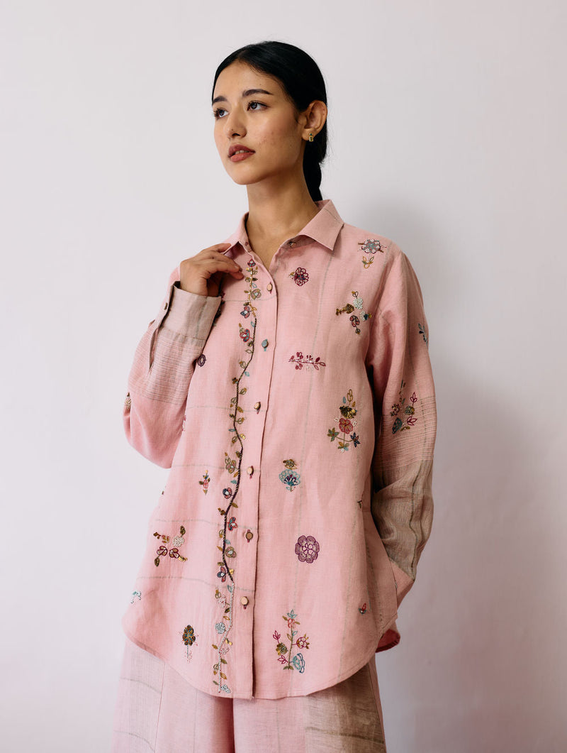 Mansa Floral Hand-Embroidered Co-ord-Pink linen co-ord set by Manan in pink for women in Singapore