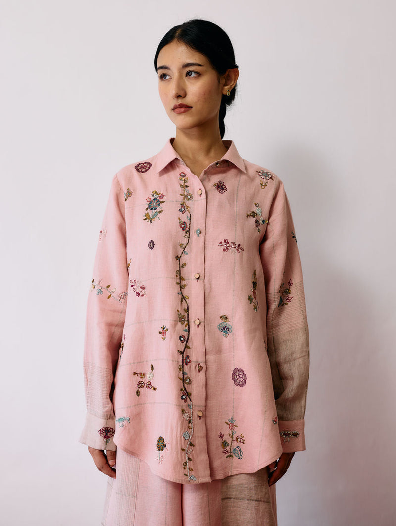 Mansa Floral Hand-Embroidered Shirt-Pink linen top/shirt by Manan in pink for women in Singapore
