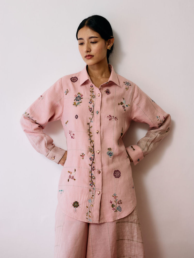Mansa Floral Hand-Embroidered Shirt-Pink linen top/shirt by Manan in pink for women in Singapore
