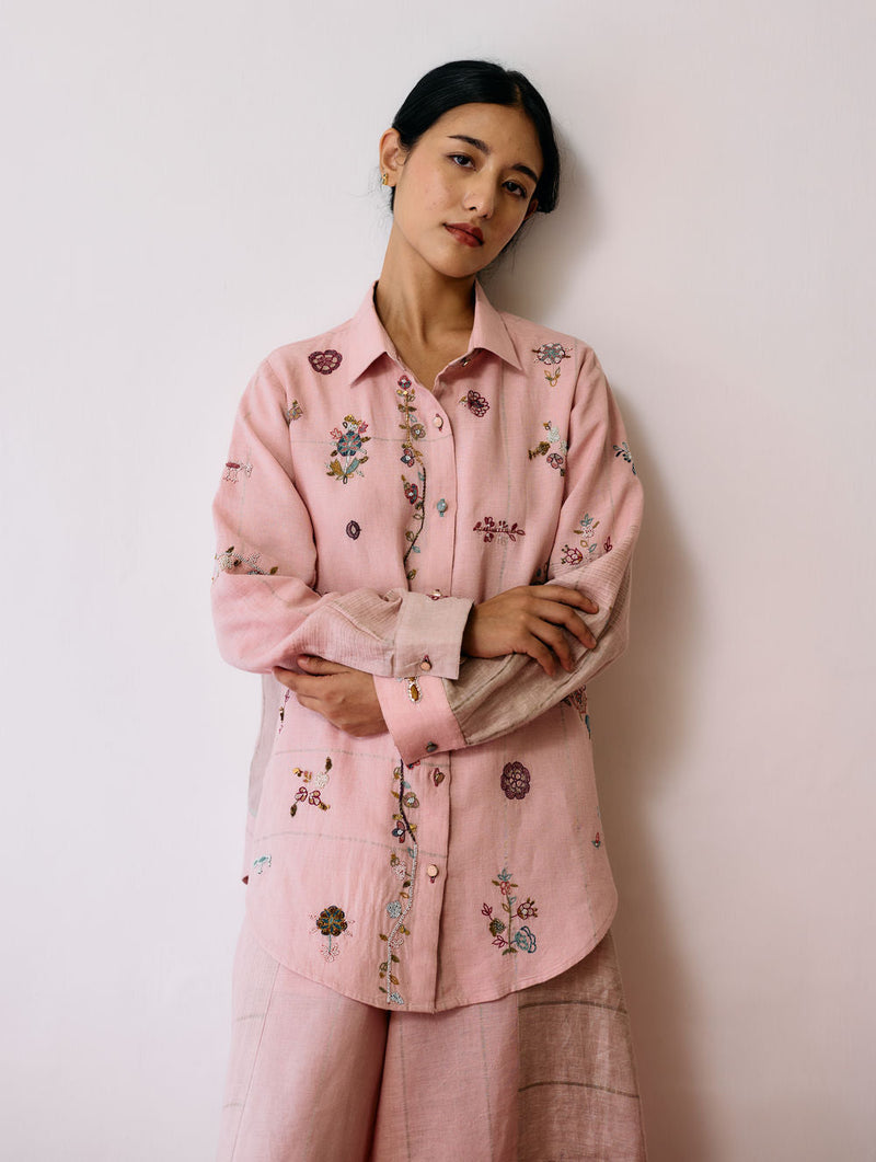 Mansa Floral Hand-Embroidered Shirt-Pink linen top/shirt by Manan in pink for women in Singapore