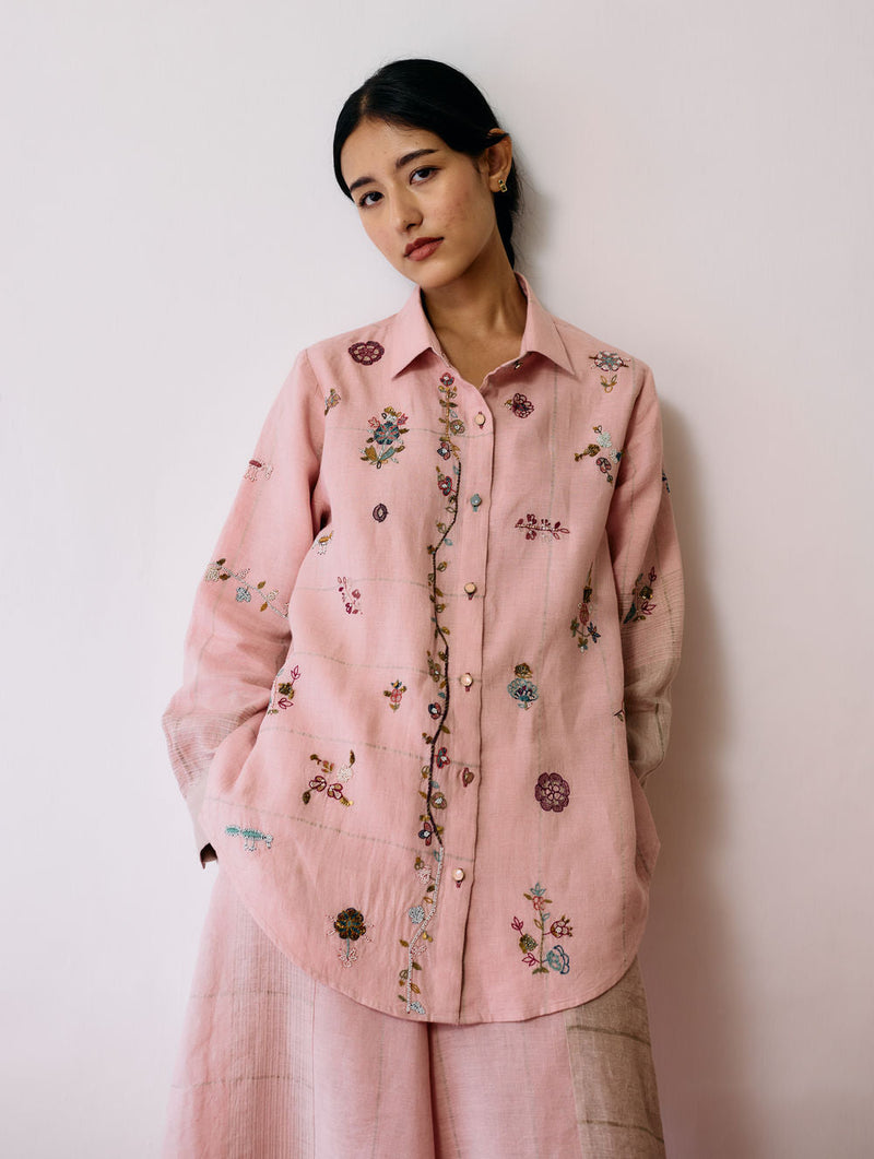 Mansa Floral Hand-Embroidered Shirt-Pink linen top/shirt by Manan in pink for women in Singapore