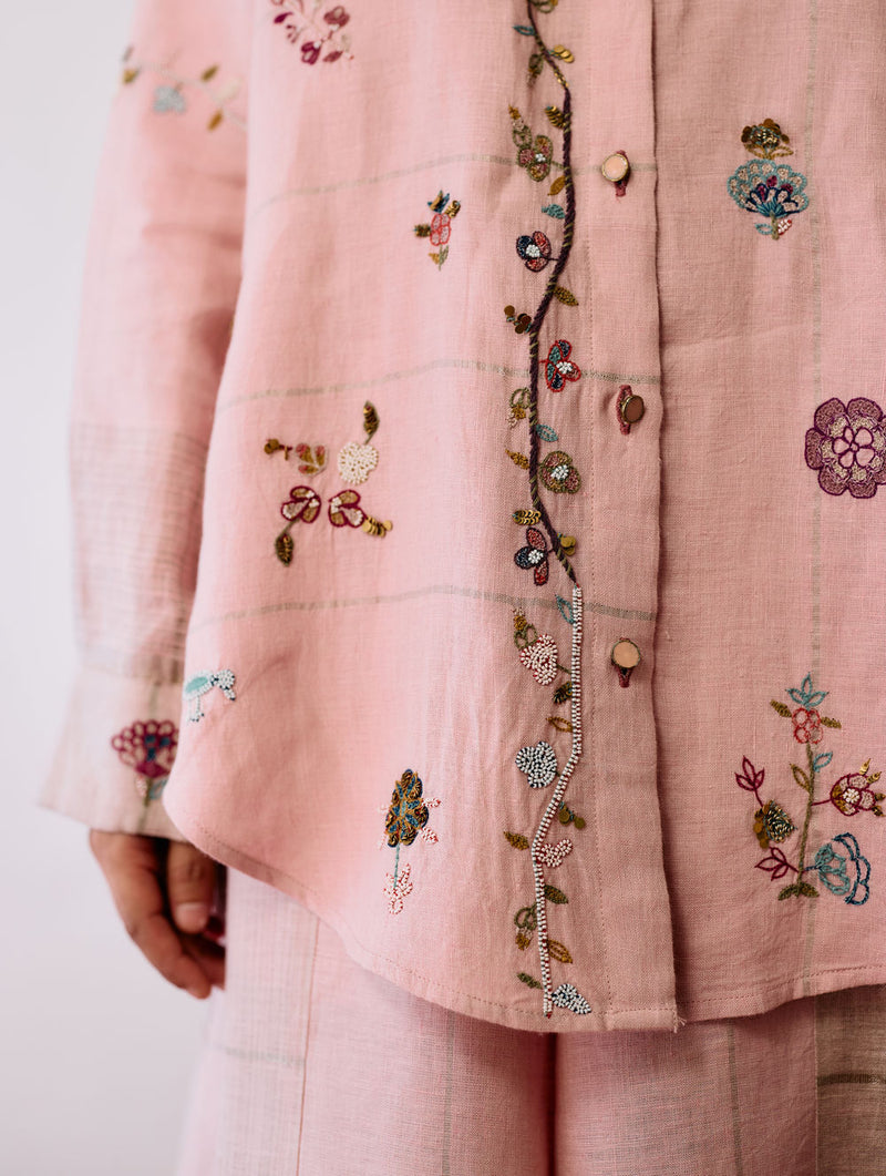 Mansa Floral Hand-Embroidered Co-ord-Pink linen co-ord set by Manan in pink for women in Singapore