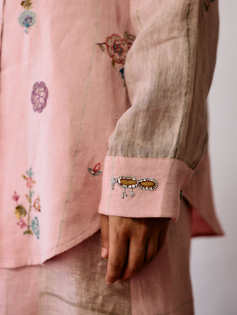 Mansa Floral Hand-Embroidered Shirt-Pink linen top/shirt by Manan in pink for women in Singapore