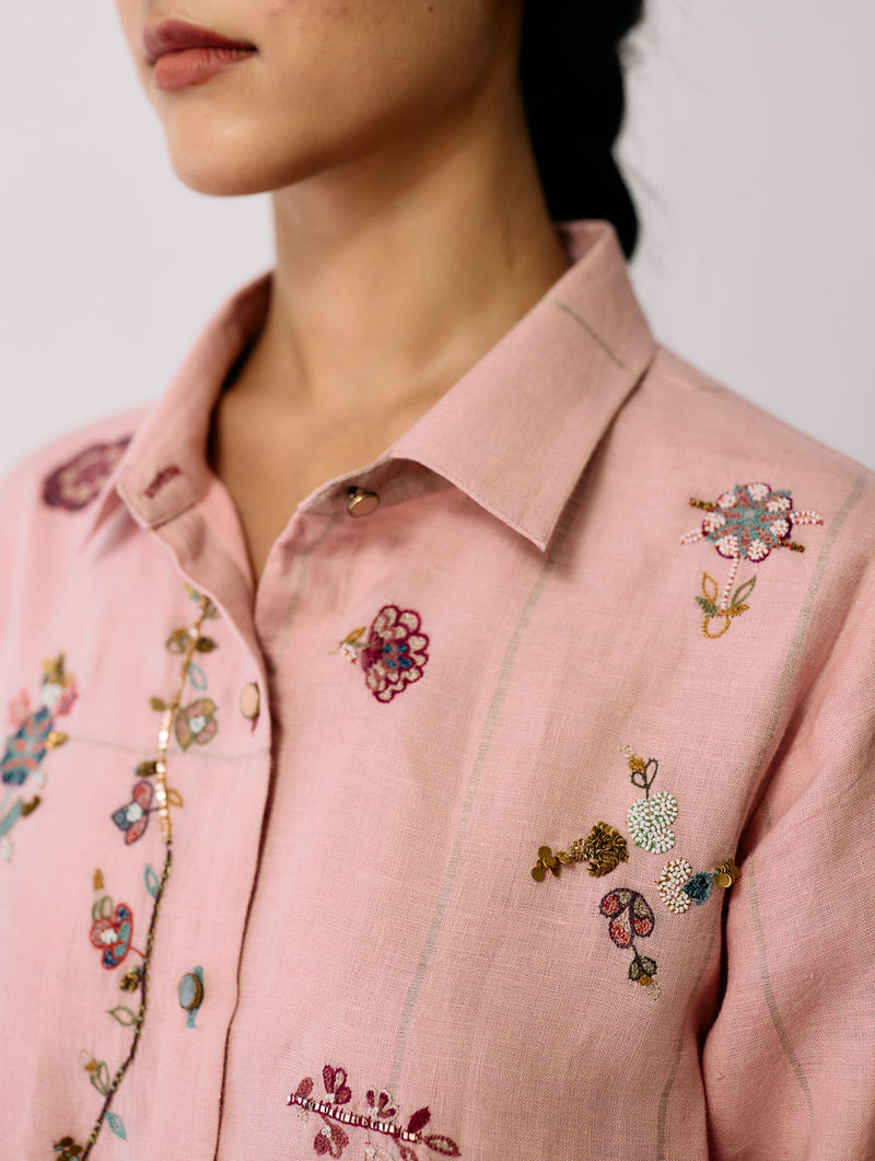 Mansa Floral Hand-Embroidered Shirt-Pink linen top/shirt by Manan in pink for women in Singapore