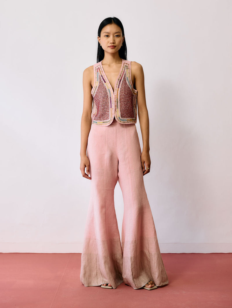 Kaya Hand-Embroidered Co-ord-Pink linen co-ord set by Manan in pink for women in Singapore