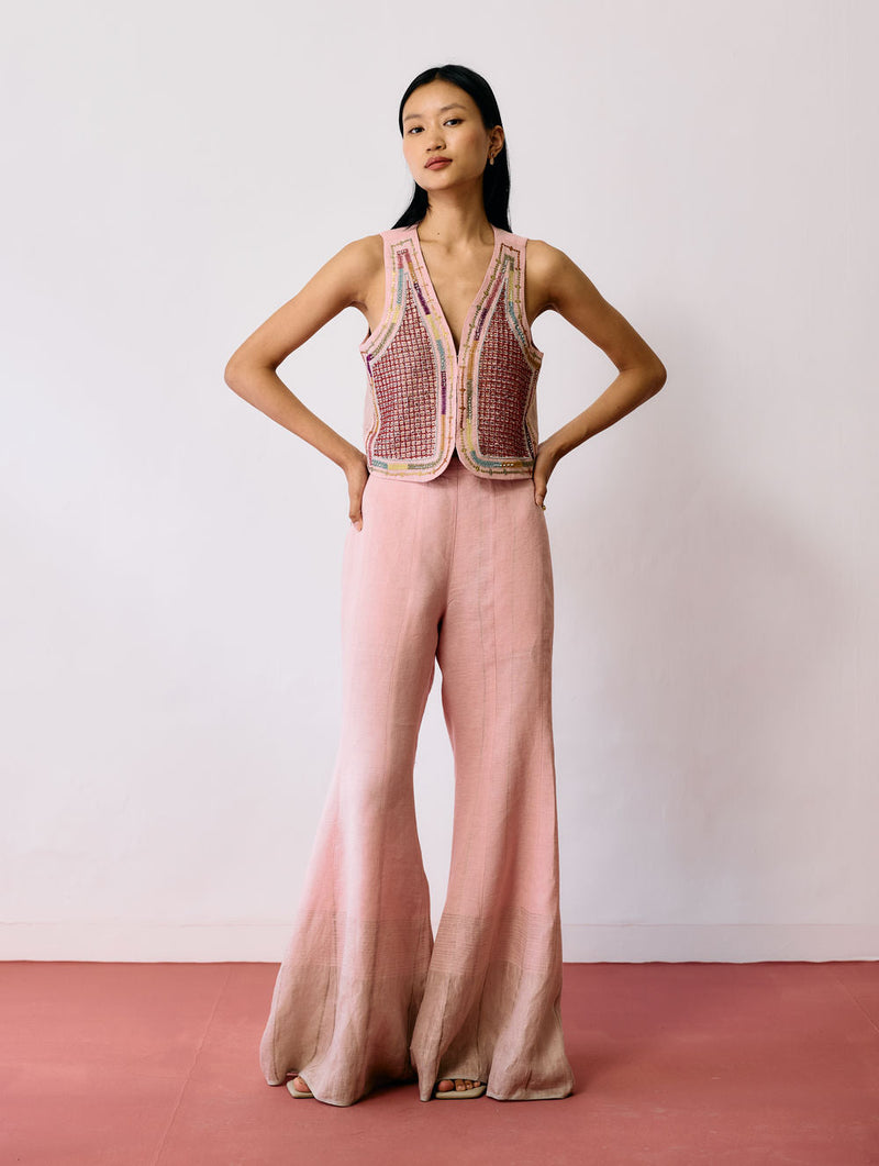 Kaya Hand-Embroidered Co-ord-Pink linen co-ord set by Manan in pink for women in Singapore