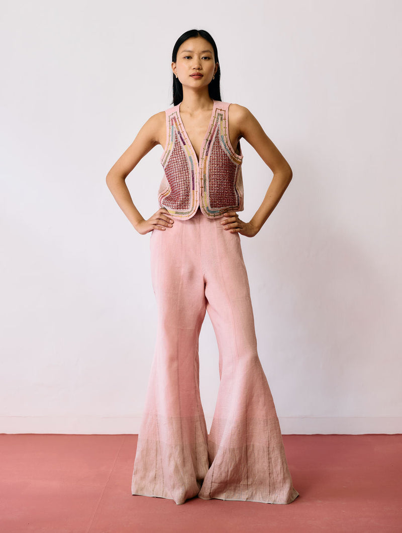 Kaya Hand-Embroidered Co-ord-Pink linen co-ord set by Manan in pink for women in Singapore