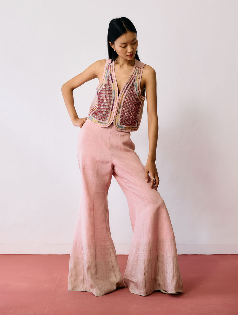 Kaya Hand-Embroidered Co-ord-Pink linen co-ord set by Manan in pink for women in Singapore