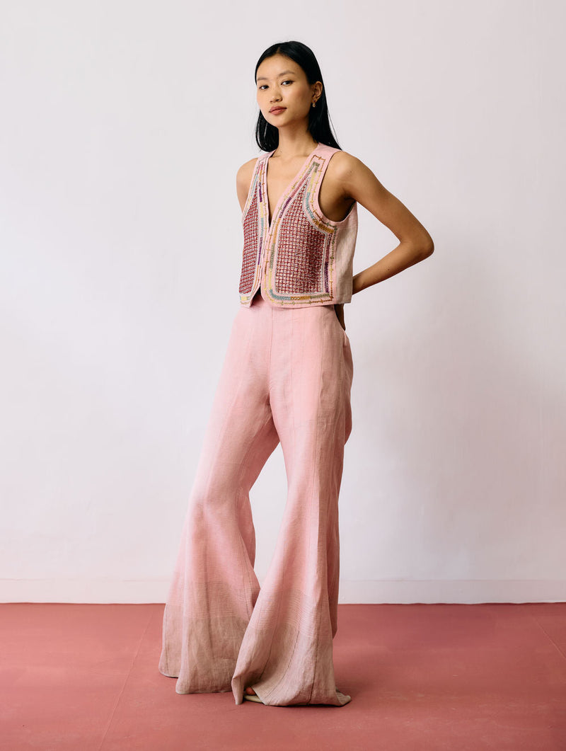 Kaya Hand-Embroidered Co-ord-Pink linen co-ord set by Manan in pink for women in Singapore