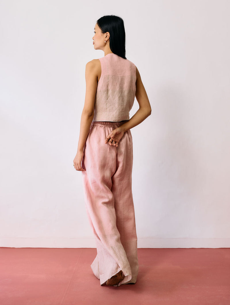 Kaya Hand-Embroidered Vest-Pink linen jacket/overlay by Manan in pink for women in Singapore