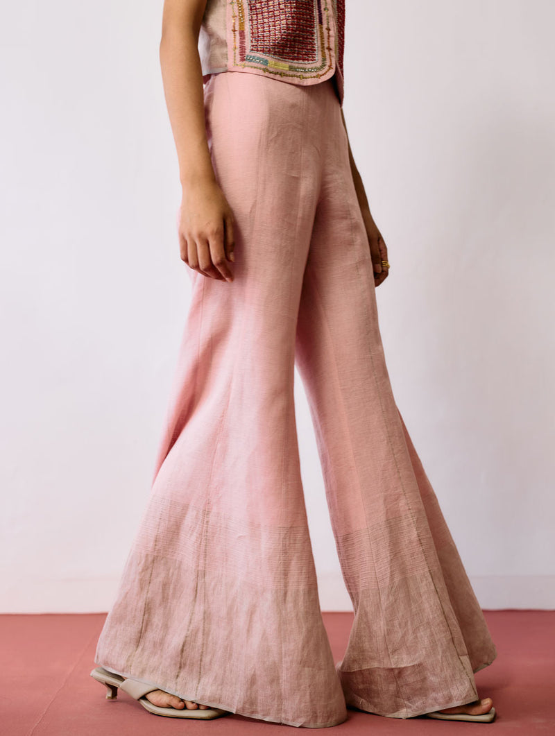 Tala Metallic Linen Sharara Pants-Pink linen pant/trousers by Manan in pink for women in Singapore