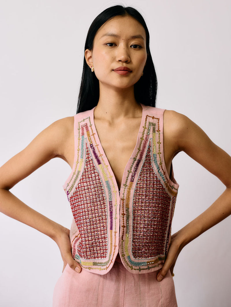 Kaya Hand-Embroidered Co-ord-Pink linen co-ord set by Manan in pink for women in Singapore