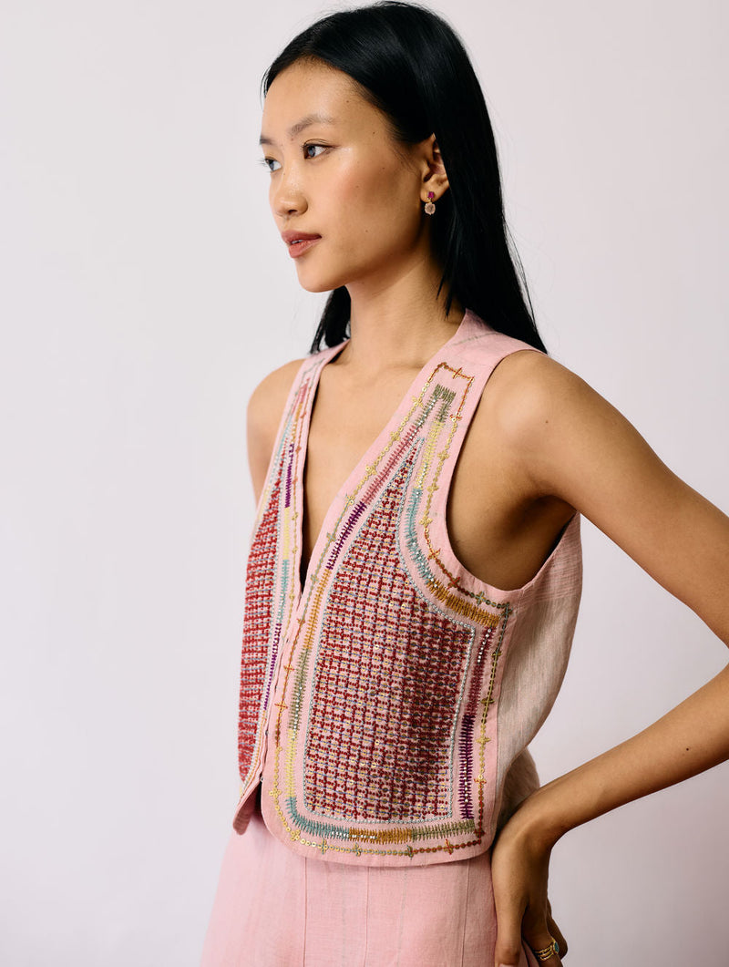 Kaya Hand-Embroidered Co-ord-Pink linen co-ord set by Manan in pink for women in Singapore