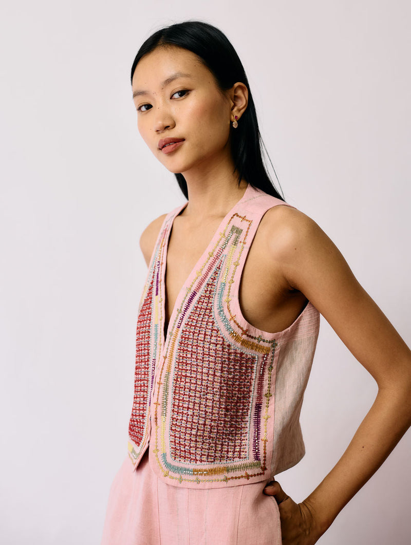 Kaya Hand-Embroidered Vest-Pink linen jacket/overlay by Manan in pink for women in Singapore