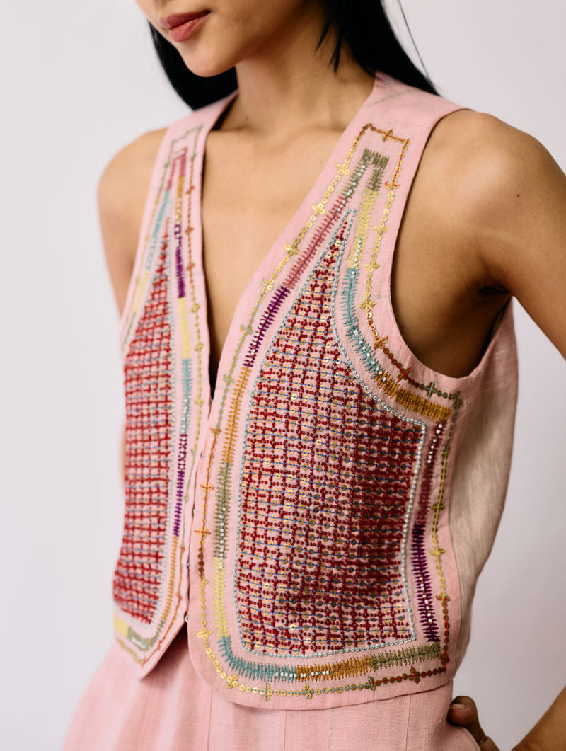 Kaya Hand-Embroidered Co-ord-Pink linen co-ord set by Manan in pink for women in Singapore