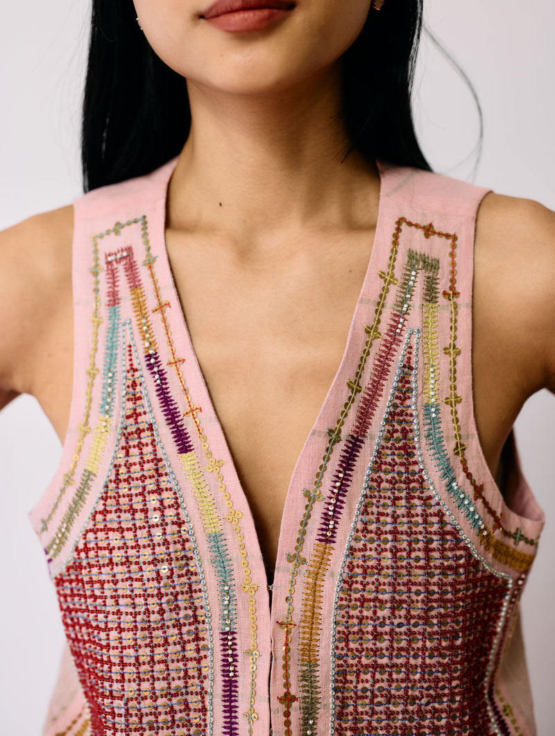 Kaya Hand-Embroidered Vest-Pink linen jacket/overlay by Manan in pink for women in Singapore