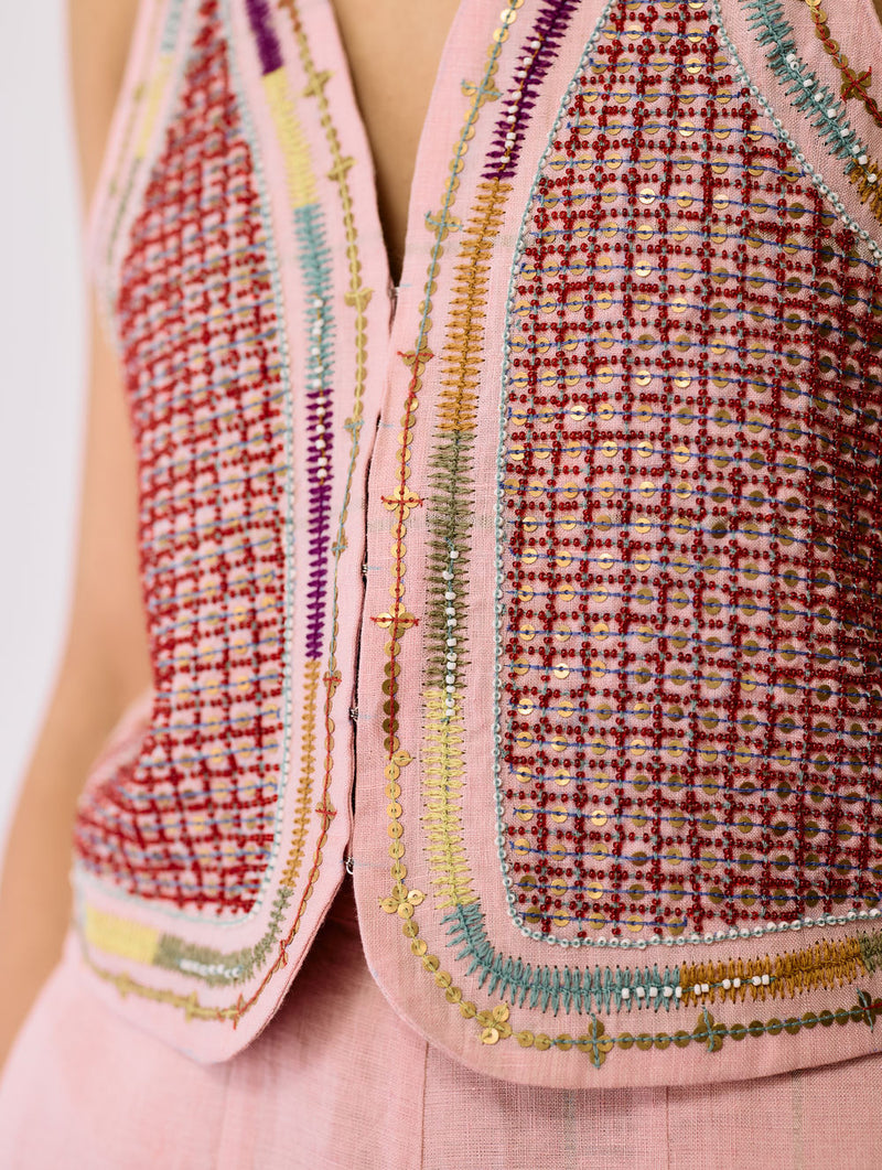 Kaya Hand-Embroidered Co-ord-Pink linen co-ord set by Manan in pink for women in Singapore