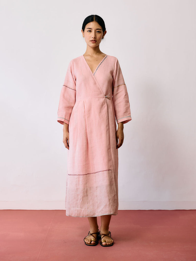 Raya Metallic Linen Wrap dress-Pink linen dress by Manan in pink for women in Singapore