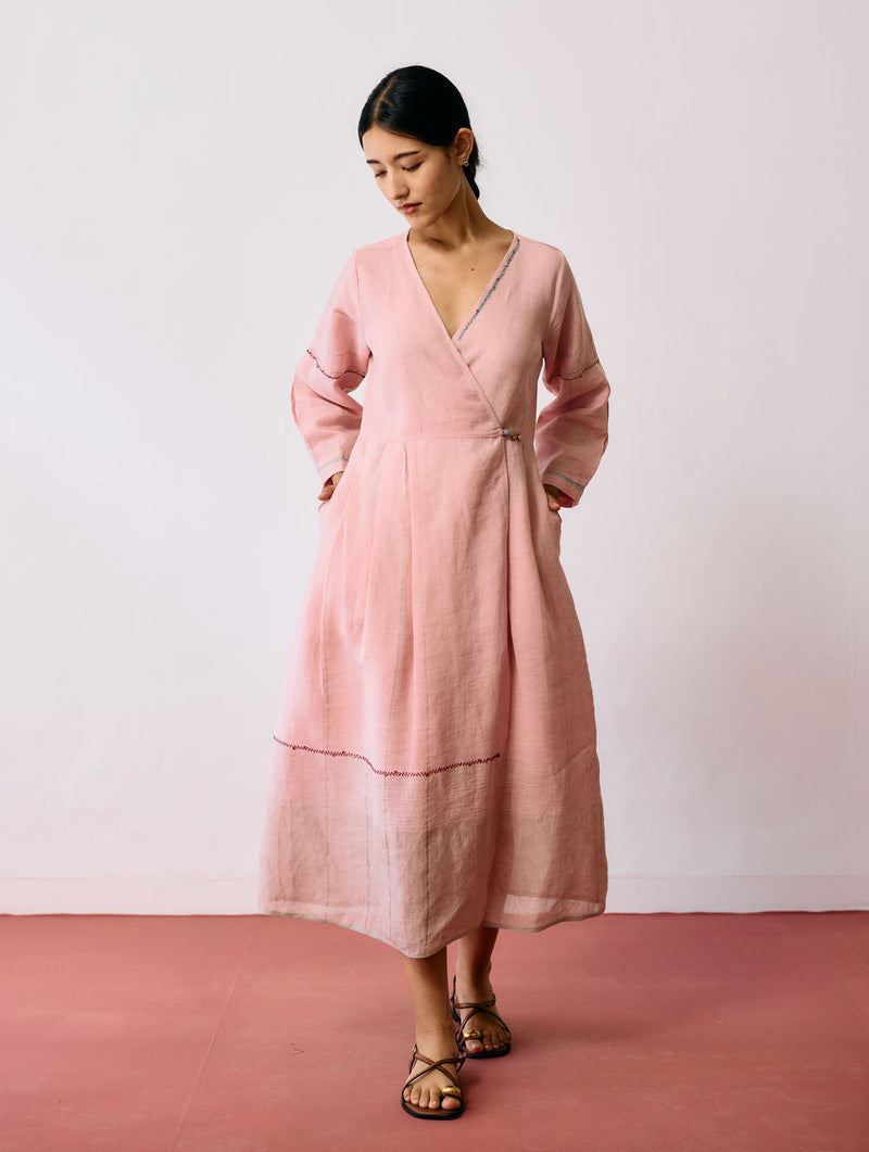 Raya Metallic Linen Wrap dress-Pink linen dress by Manan in pink for women in Singapore