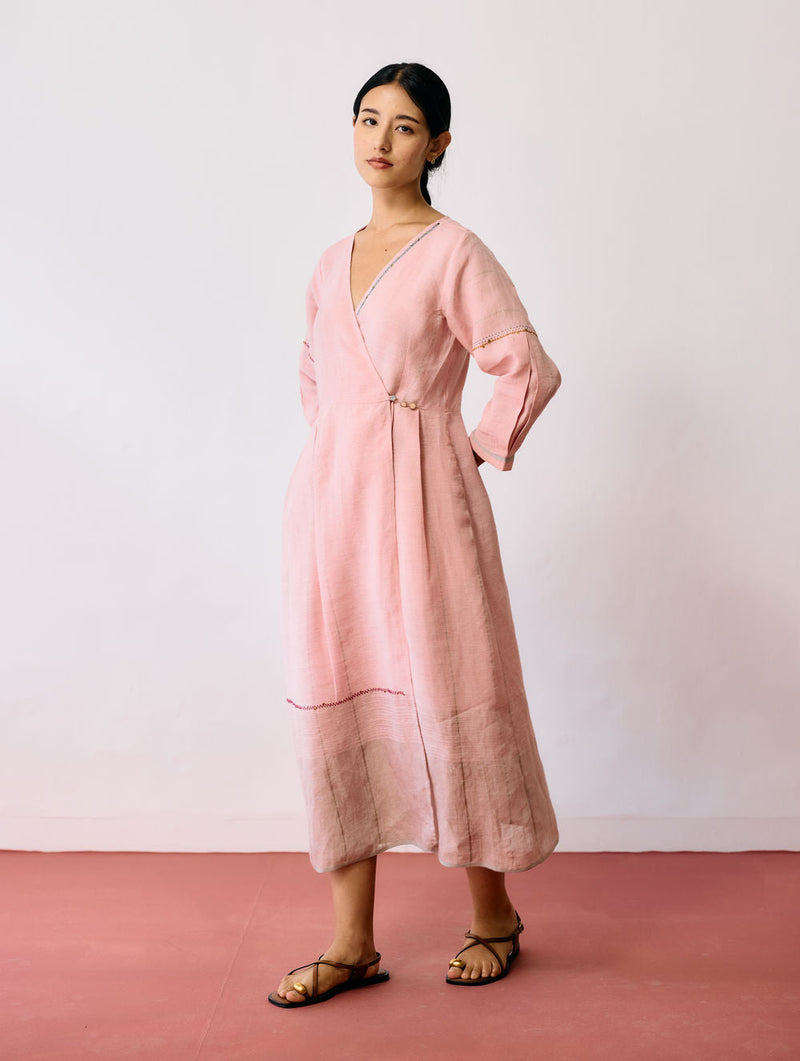 Raya Metallic Linen Wrap dress-Pink linen dress by Manan in pink for women in Singapore