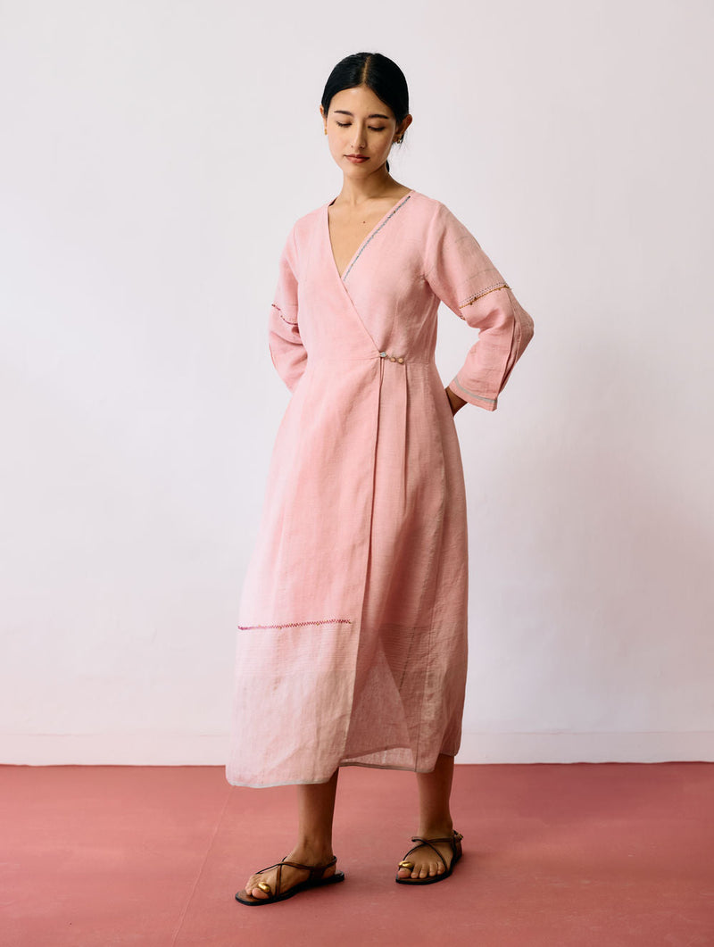 Raya Metallic Linen Wrap dress-Pink linen dress by Manan in pink for women in Singapore